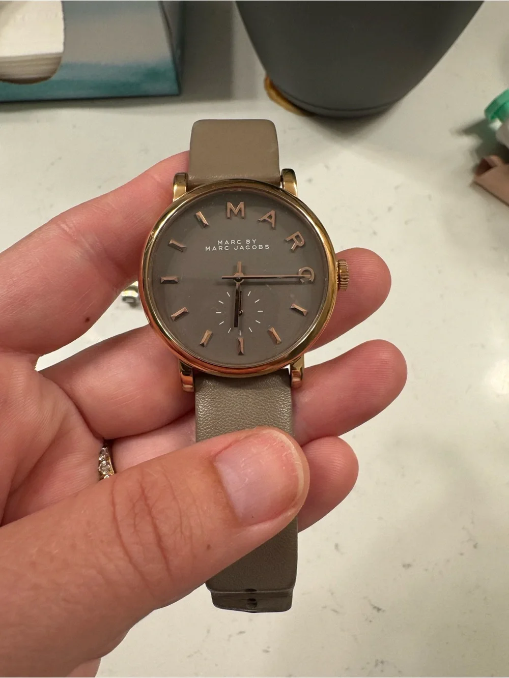 Marc by Marc Jacobs Taupe Leather Strap Watch with Rose Gold Case